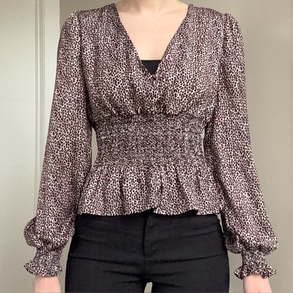 BB Dakota Tops - Cheetah Print Peplum Long Sleeve Blouse